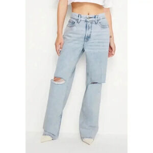 Good American High Rise Light Blue Distressed Straight Jeans